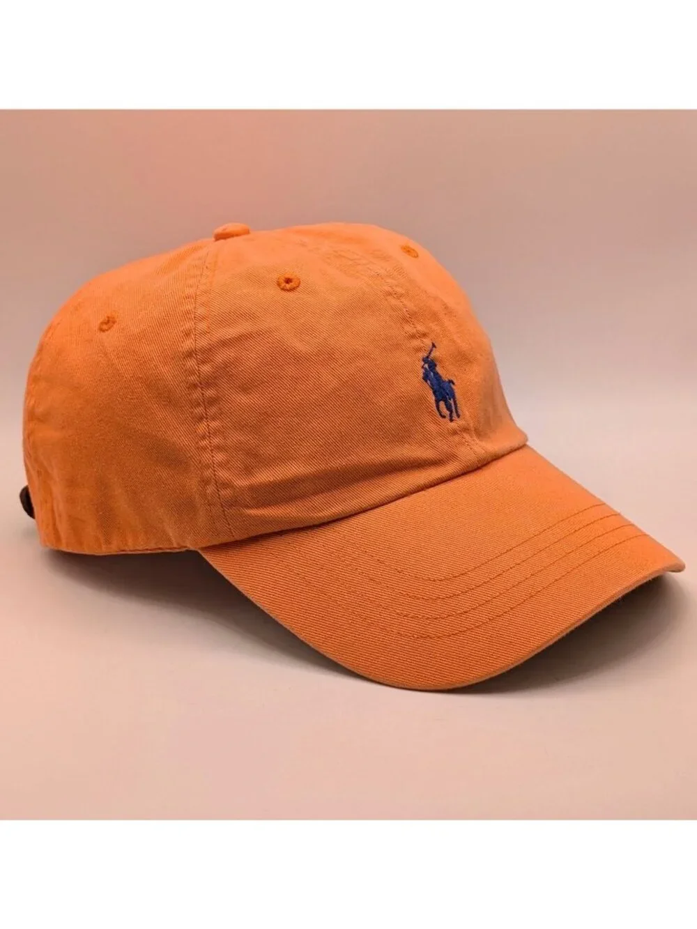 Vintage Polo Ralph Lauren Hat Orange Blue Pony Logo Leather Strap Back Y2K